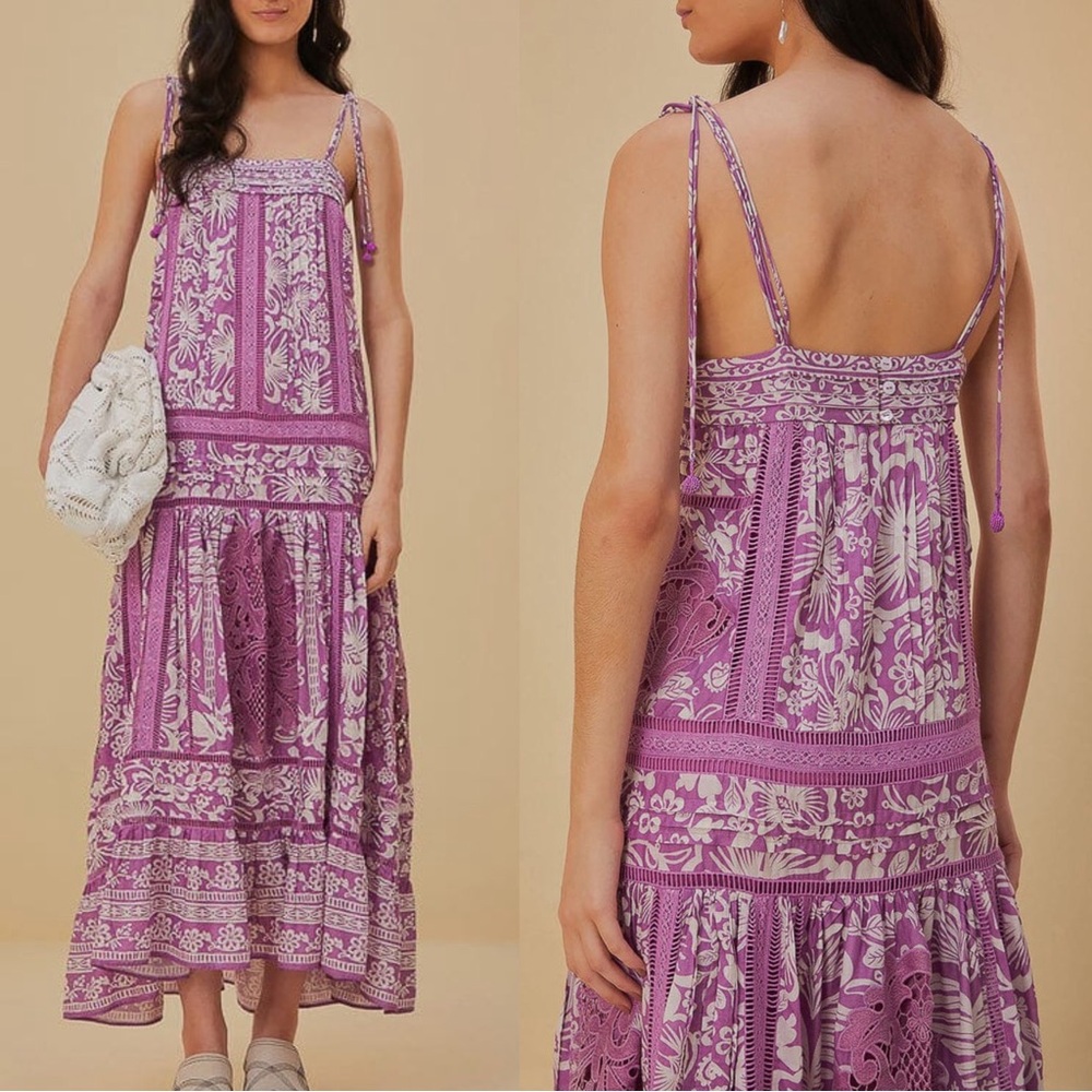 FARM RIO NWT Purple White Floral Lace Tassel Tie Sweet Garden Lilac Maxi Dress L